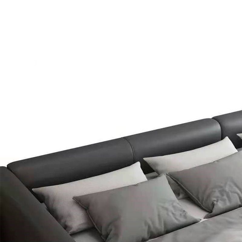 Contemporary Grey Genuine Leather and Wood Standard Bed for Bedroom