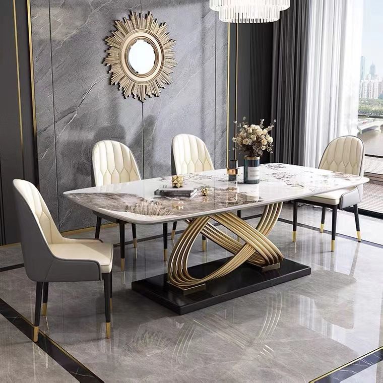 Mesa de comedor estilo Glam, mesa rectangular de piedra sinterizada con patas de metal para el hogar