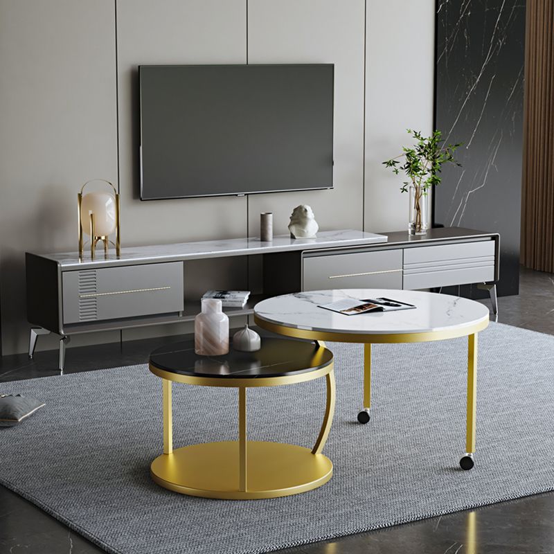 Contemporary Coffee Table Set Slate Round 2-Piece Coffee Cocktail Table
