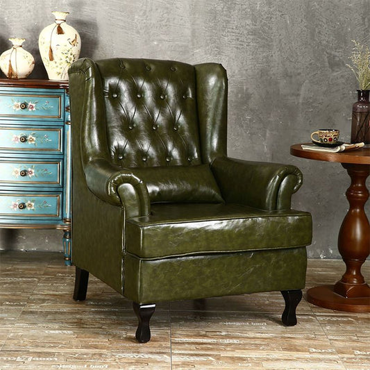 Mid-century Modern 33.46" Wide Leather Tufted Back Rolled Arms Chair