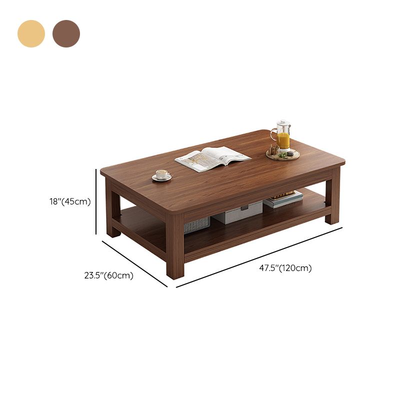 Modern 17.7" H Brown/ Natural Rectangle Wooden 4 Legs Coffee Table with Shelf