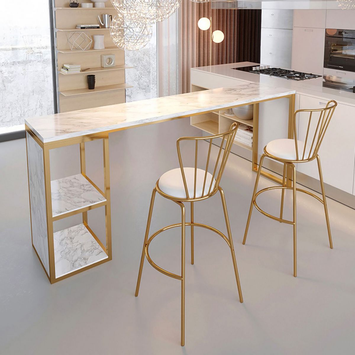 Glam Rectangle Faux Marble Bar Table Double Pedestal Bar Table with 2-Shelf, Only Table Clearhalo 'Bar Furniture' 'Bar Tables' 'bar_tables' 'furn' 'furn_bar_tables' 'Furniture' 'furniture_bar_tables' 'Kitchen & Dining Furniture' 1200x1200_dbeec903-85af-46b2-8743-a6dfbcc887e6