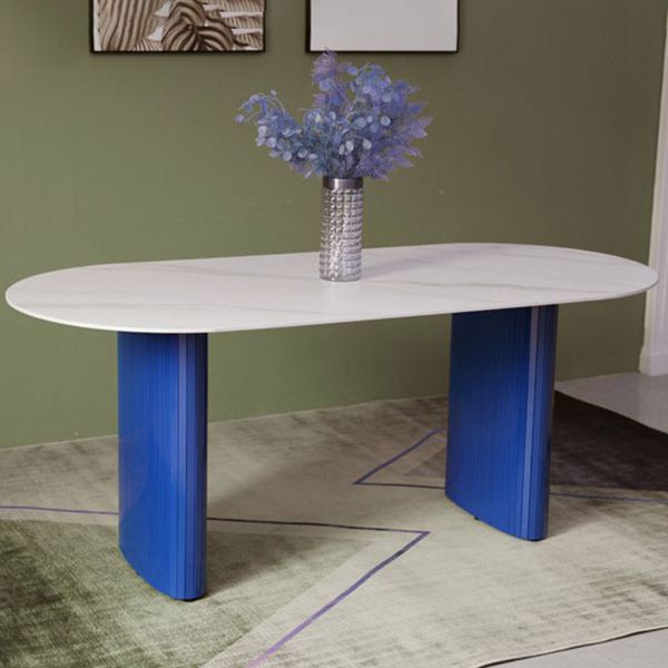 Modern White & Blue Sintered Stone Dining Table Oval Shape Dining Table with Double Pedestal Bases Clearhalo ' dining_table' 'Dining Tables & Seating' 'Dining Tables' 'furn' 'furn_dining_table' 'Furniture' 'furniture_dining_table' 'Kitchen & Dining Furniture' 'kitchen&dining_furn' 'kitchen' 'kitchen_dining_table' 1200x1200_dbf7bff5-462e-4165-bb3d-4fa6d0d368b5