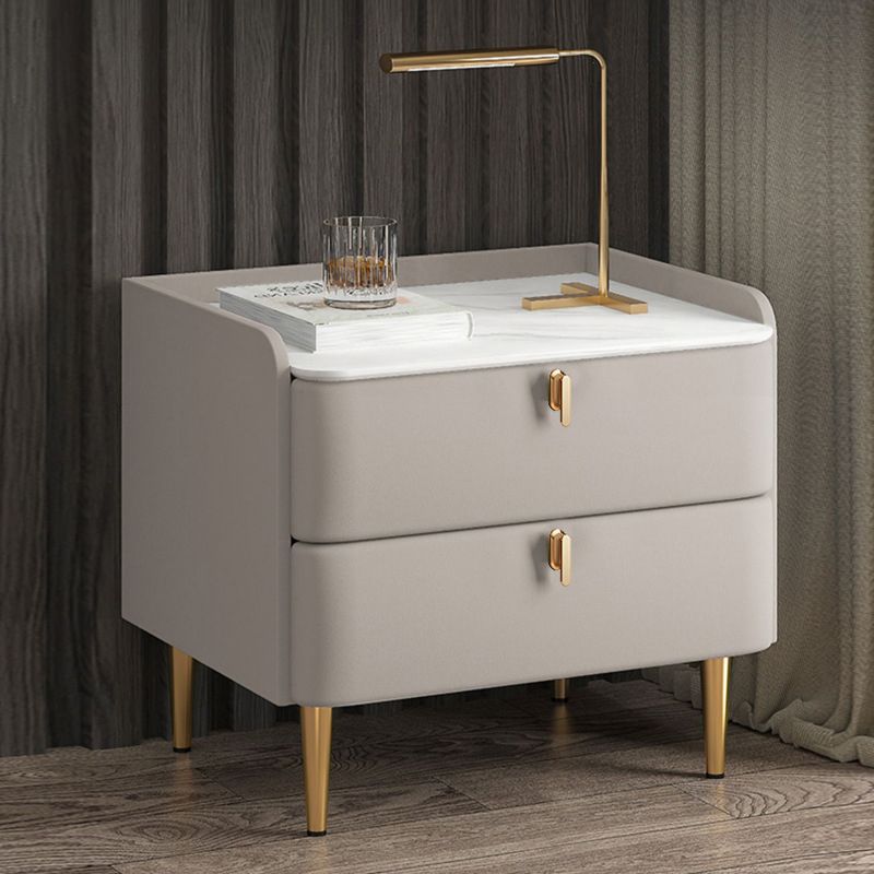 Massivholz Rahmen zwei Schubladen Ledergrau/Khaki/Beige/Blau Gold Tischbein Nachttisch