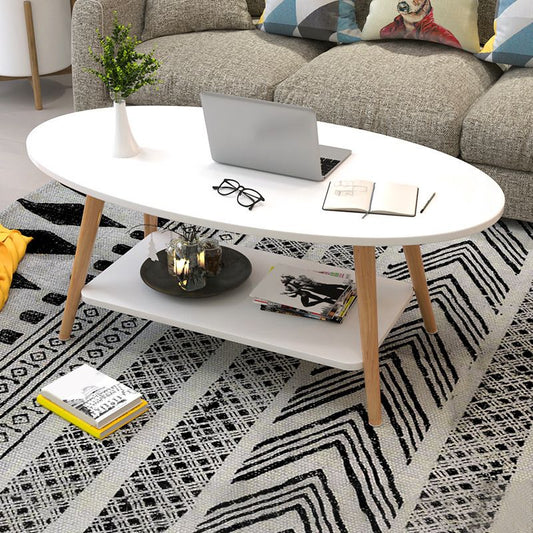 Tavolo da caffè in legno massiccio ovale moderno con scaffale di stoccaggio e 4 gambe