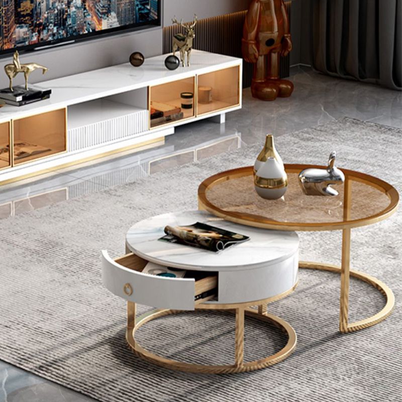 No Distressing Round Coffee Table Frame Nesting Coffee Table Set with Drawer Clearhalo 'Coffee & Accent Tables' 'Coffee Tables' 'coffee_tables' 'furn' 'furn_coffee_tables' 'Furniture' 'Living Room Furniture' 1200x1200_dc265aa6-474a-45cb-8c81-69e590c332f7