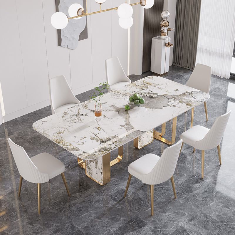 Mesa de mesa superior de piedra sinterizada de lujo con pedestal doble en oro