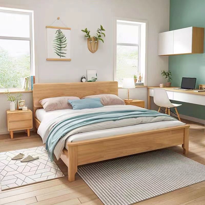 Modern Solid Wood Panel Bed Rectangular Standard Bed with Headboard