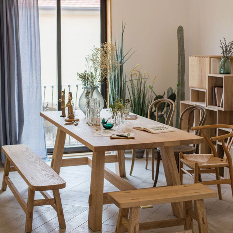Modern Rectangle Dining Table Natural Solid Wood Trestle Dining Table