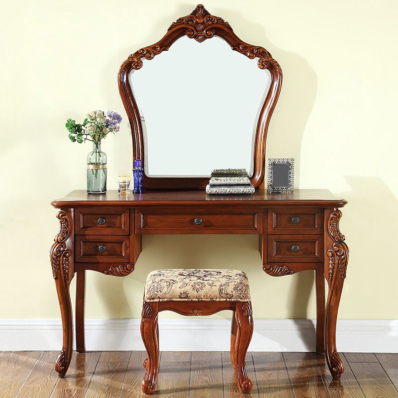 18.89 "Tocador marrón ancho con tocador de maquillaje de vidrio espejo con 5 cajones de almacenamiento