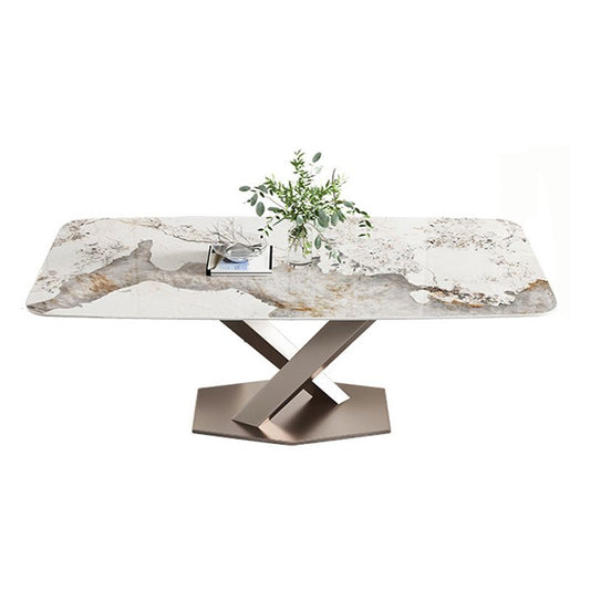 Sintered Stone Top Dining Table Rectangle Kitchen Table with Metal Pedestal
