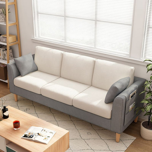 Scandinavian 3 Seater Sofa with Pillows Back and Tuxedo Arm and Solid Wood Legs