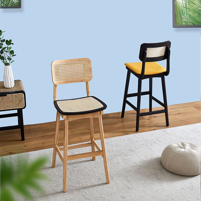 Low Back Solid Wood Bar Stool Modern Rattan Armless Stool for Living Room