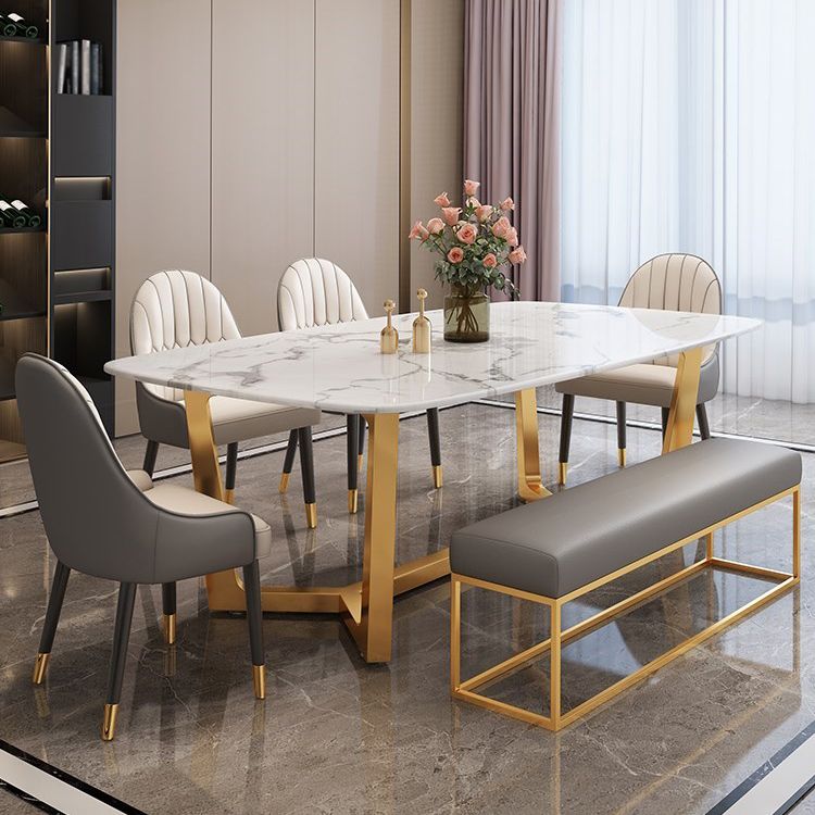 Rectangle Trestle Base Dining Table Glam Style Stone Kitchen Desk Clearhalo 'Dining Tables & Seating' 'Dining Tables' 'dining_table' 'furn' 'furn_dining_table' 'Furniture' 'Kitchen & Dining Furniture' 1200x1200_dd3e0944-30a2-442b-8357-5455d1f52bff