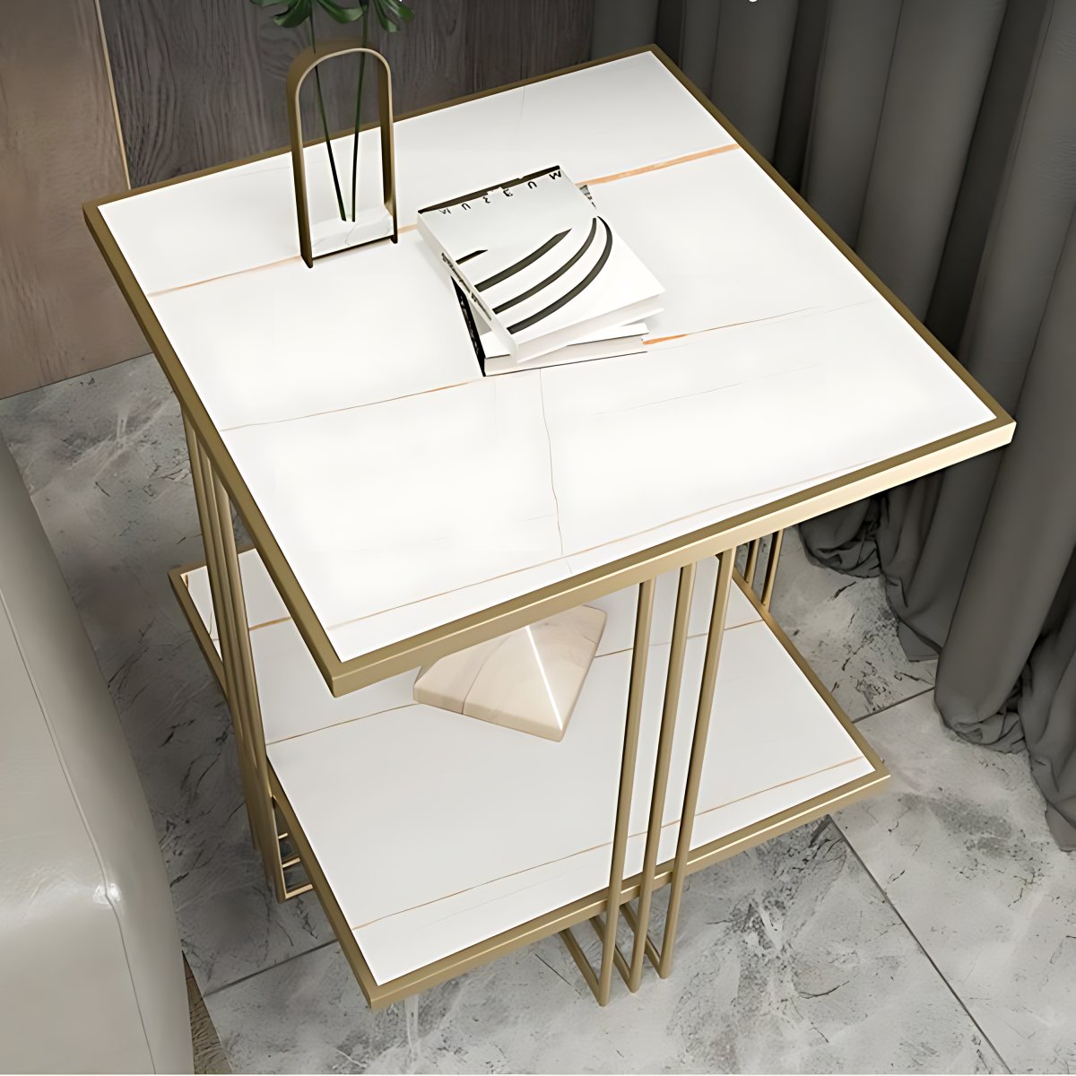 Golden Stone Night Table Glam Bedside Cabinet with 2 Shelves - Clearhalo