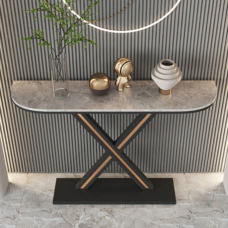 Half Moon Stone Top Accent Table with Black Iron Pedestal Base Clearhalo 'Console Tables' 'console_tables' 'Entry & Mudroom Furniture' 'furn' 'furn_console_tables' 'Furniture' 1200x1200_dda1ba26-20b2-43e0-ba2c-8cc8e7eb6547