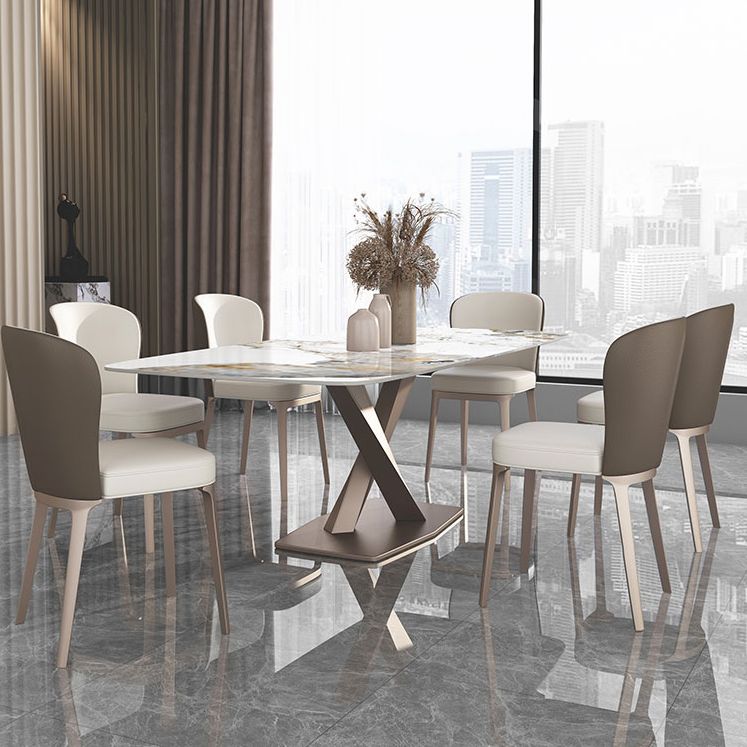 Metal Contemporary Rectangle Dining Table Sintered Stone Dining Table with Pedestal Base Clearhalo ' dining_table' 'Dining Tables & Seating' 'Dining Tables' 'furn' 'furn_dining_table' 'Furniture' 'furniture_dining_table' 'Kitchen & Dining Furniture' 'kitchen&dining_furn' 'kitchen' 'kitchen_dining_table' 1200x1200_dda6e9c8-4f65-478a-b047-0f0ec3d62ade