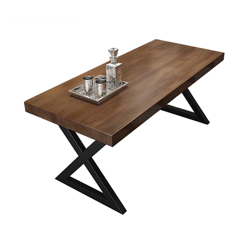 Mesa de comedor rectangular de madera maciza de estilo industrial con patas de hierro de pedestal doble