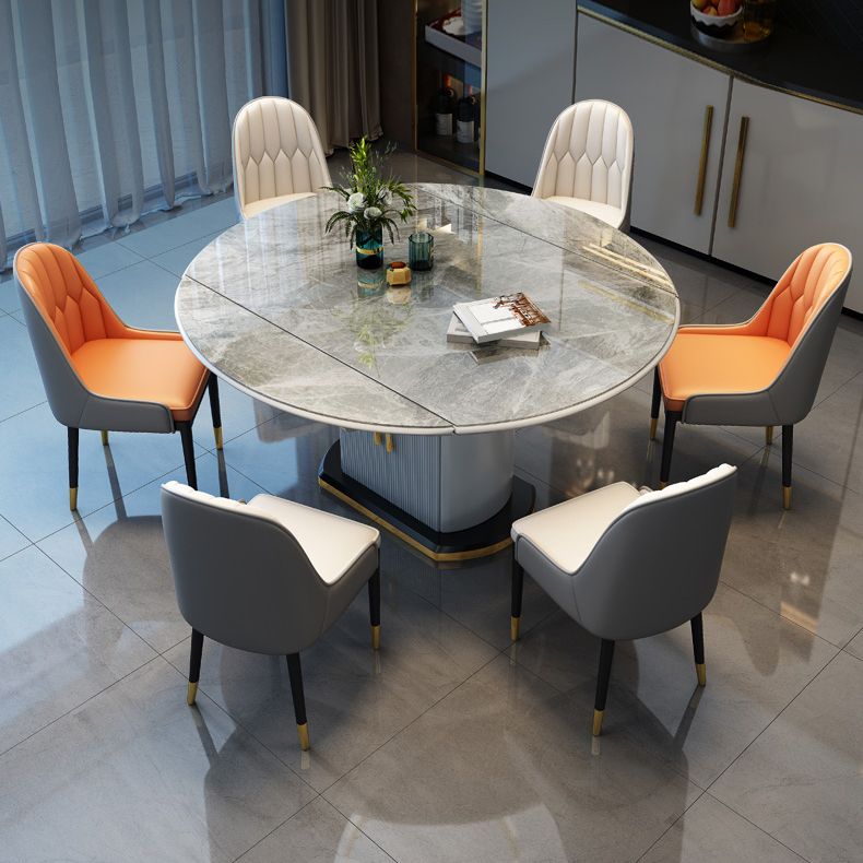 Modern Extendable Dining Table Grey Round Stone Tabletop with Storage