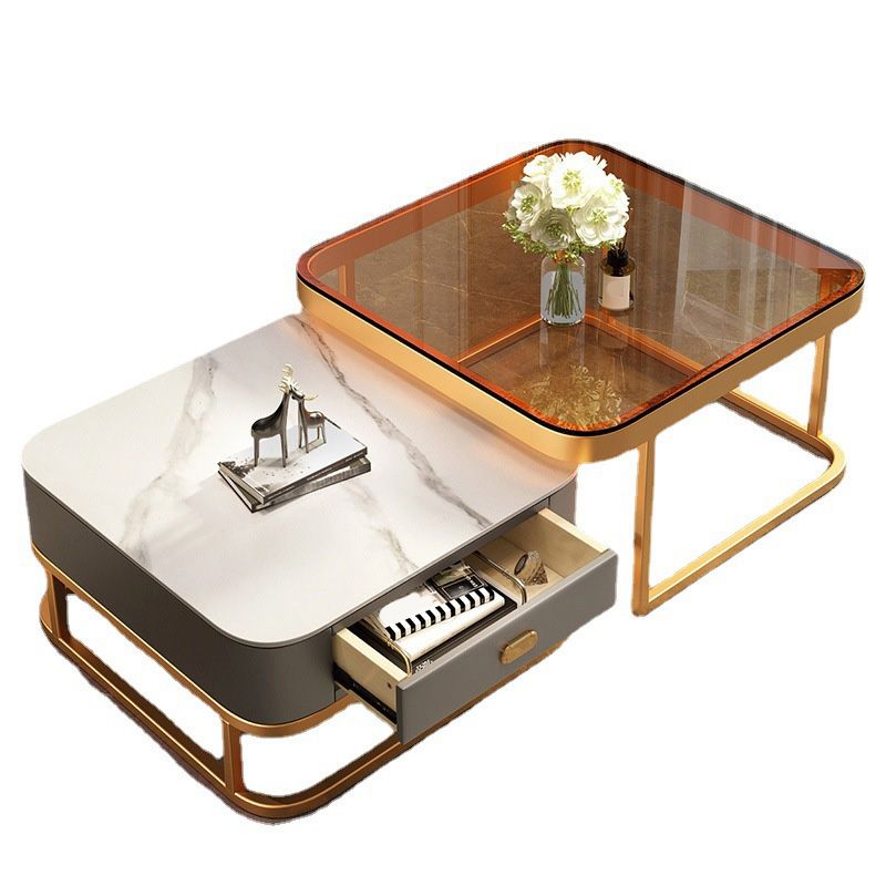 Glam Square Glass / Slate Coffee Table Metal Frame Cocktail Table with Drawer Clearhalo 'Coffee & Accent Tables' 'Coffee Tables' 'coffee_tables' 'furn' 'furn_coffee_tables' 'Furniture' 'Living Room Furniture' 1200x1200_ddc5fce6-4408-404e-af98-ed07b3547aae