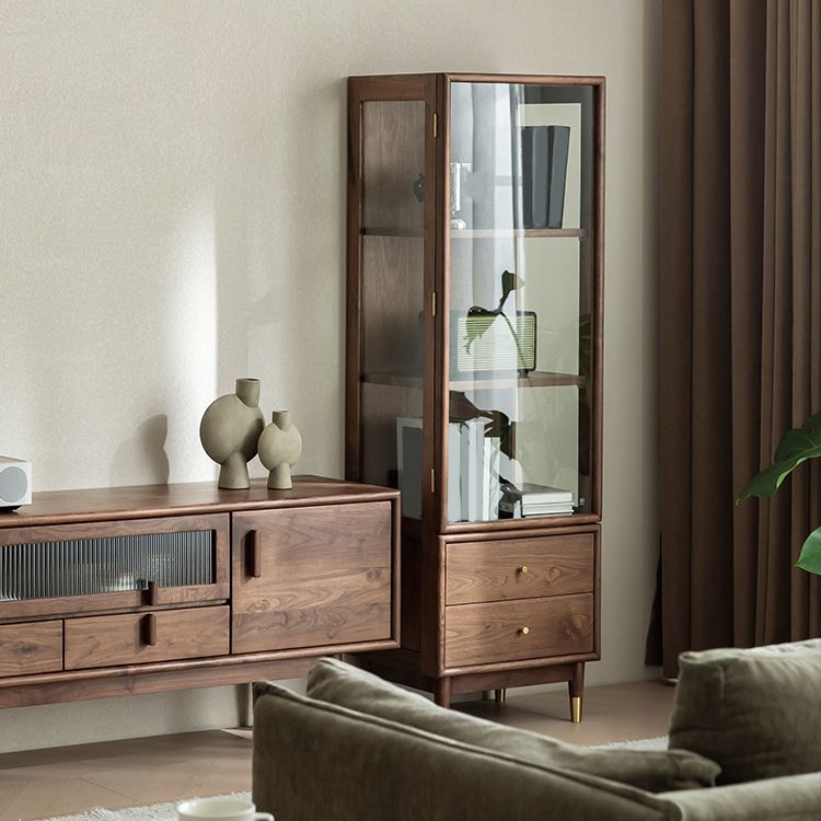 66.9" Tall 2-Drawer Accent Cabinet Solid Wood Glass Paned Side Cabinet in Walnut Brown Clearhalo 'Cabinets & Chests' 'cabinets_chests' 'furn' 'furn_cabinets_chests' 'Furniture' 'Living Room Furniture' 1200x1200_ddfd69b7-e946-400a-a286-b97647b7d120