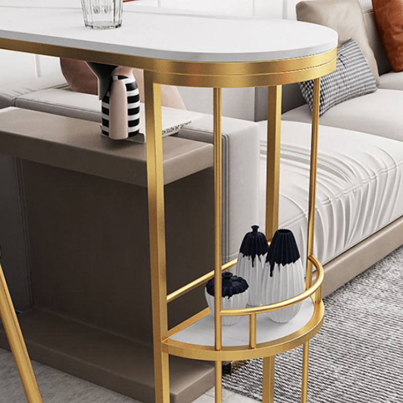 White Stone Glam Indoor Bar Dining Table Iron Double Pedestal Bistro Table with Wine Rack Clearhalo 'Bar Furniture' 'Bar Tables' 'bar_tables' 'furn' 'furn_bar_tables' 'Furniture' 'furniture_bar_tables' 'Kitchen & Dining Furniture' 'kitchen&dining_furn' 'kitchen' 1200x1200_de072551-ce62-4e27-a1b7-18c9c83f0e24