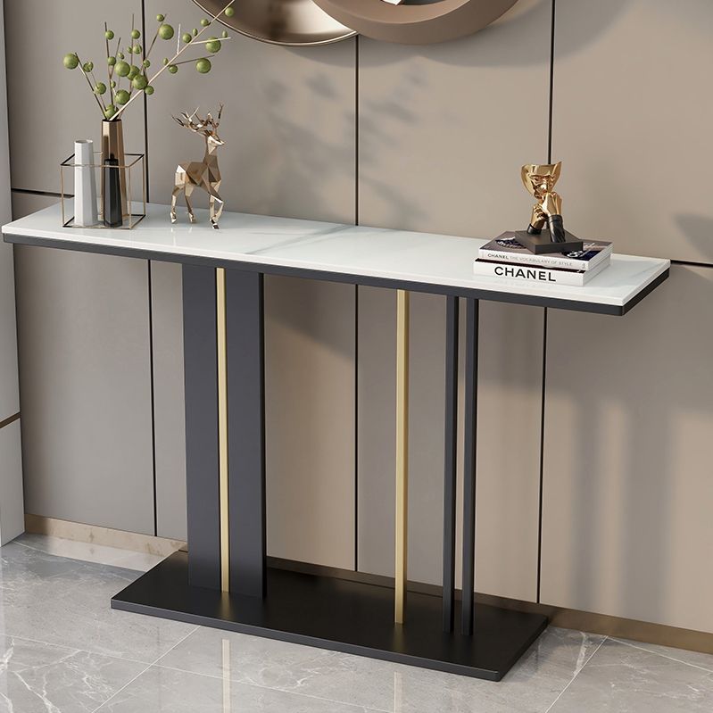 Mesa de consola superior de mármol moderna con tapa rectangular y base de pedestal