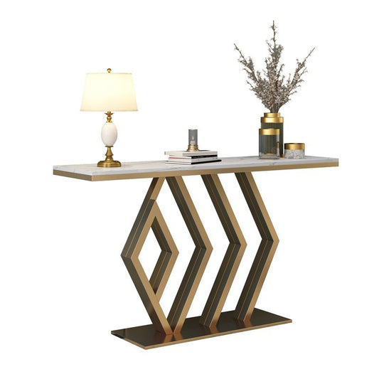 Mesa de consola rectangular glamorosa con base de pedestal y tapa de mármol