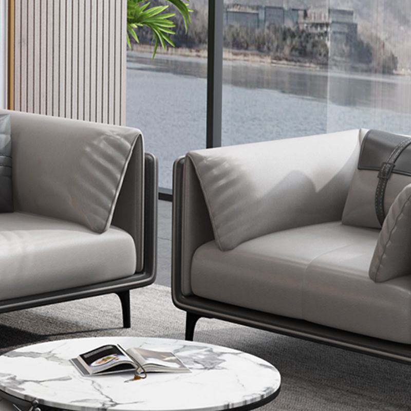Minimalist Pillow Top Arm Sofa Gray Leather Loose Back Cushions Sofa