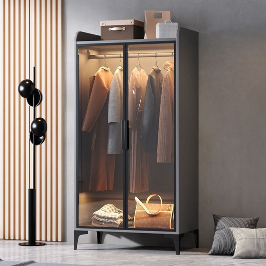 Contemporary Wood Frame Wardrobe Freestanding Wardrobe with Glass Doors