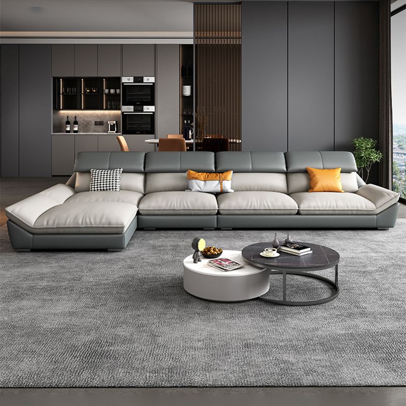 Contemporary Grey Faux Leather Sectional Pillow Top Arm Stain-Resistant Sofa and Chaise Clearhalo 'furn' 'furn_sectionals' 'Furniture' 'furniture_sectionals' 'kitchen' 'kitchen_sectionals' 'Living Room Furniture' 'Sectionals' 1200x1200_de5320f8-b56e-4bd9-aa78-1747bd672280