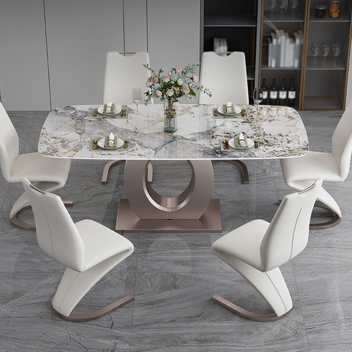 Luxury Sintered Stone Top Table Rectangle Table with Single Pedestal in Rose Gold Clearhalo 'Dining Tables & Seating' 'Dining Tables' 'dining_table' 'furn' 'furn_dining_table' 'Furniture' 'Kitchen & Dining Furniture' 1200x1200_de5d14a6-f65b-46d3-819f-756c11945b8a