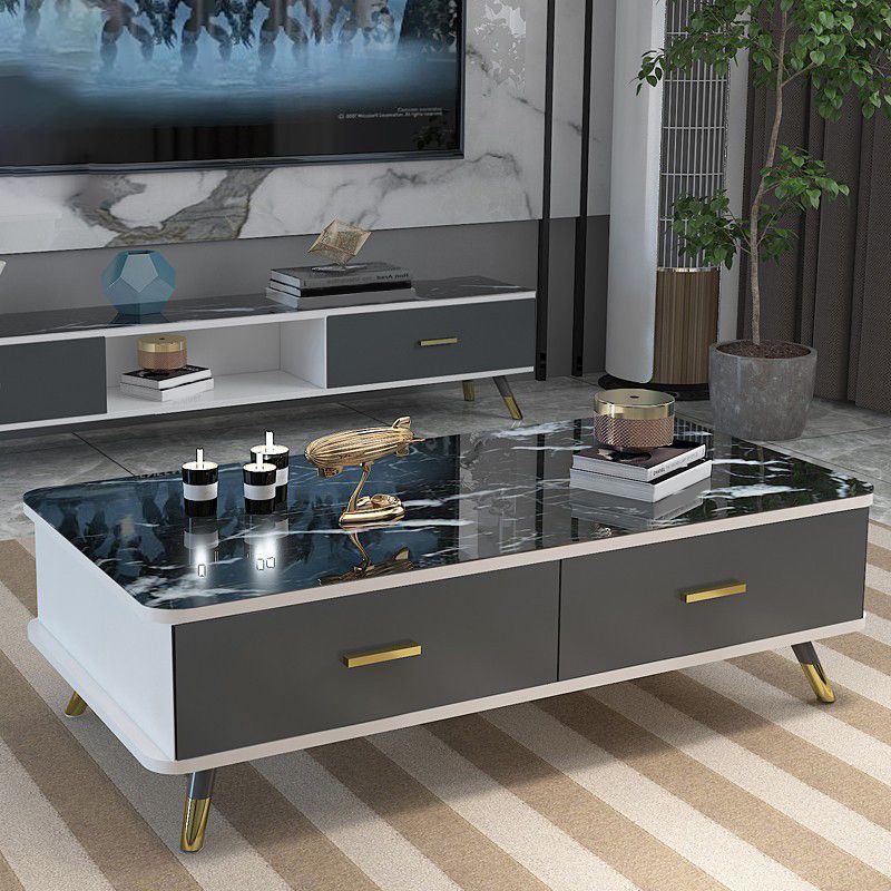 Tavolino da caffè moderno con piano in vetro con 2 cassetti e 4 gambe
