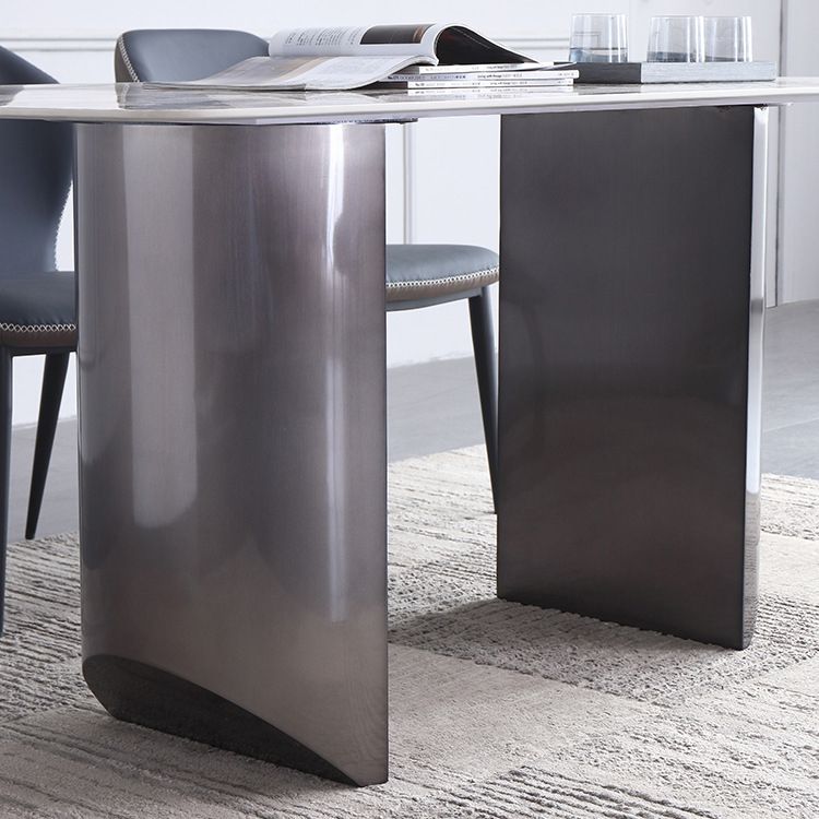 Modern Rectangle Shape Sintered Stone Dining Table Kitchen Dining Table with Double Pedestal Clearhalo ' dining_table' 'Dining Tables & Seating' 'Dining Tables' 'Furniture' 'furniture_dining_table' 'Kitchen & Dining Furniture' 'kitchen&dining_furn' 'kitchen' 'kitchen_dining_table' 1200x1200_de726bc9-7d20-4c55-a7c9-f5f2e559c115
