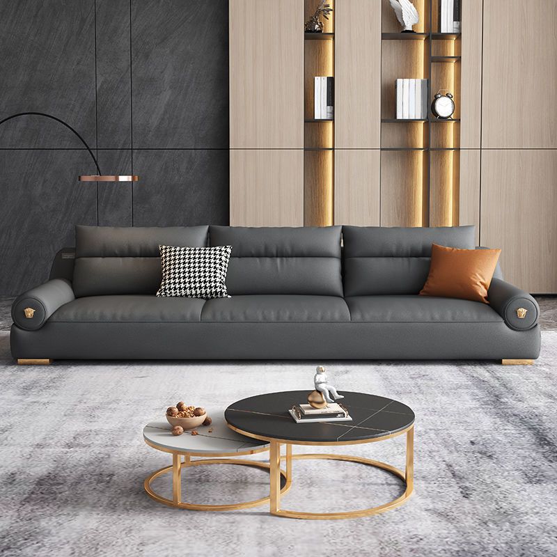 Stain Resistant Faux Leather Round Arm Sofa Standard Sofa with Sewn Pillow Back Clearhalo 'furn' 'furn_sofas' 'Furniture' 'Living Room Furniture' 'Sofa' 'sofas' 1200x1200_de7d8578-23d2-48a9-be95-994e3b2916c4