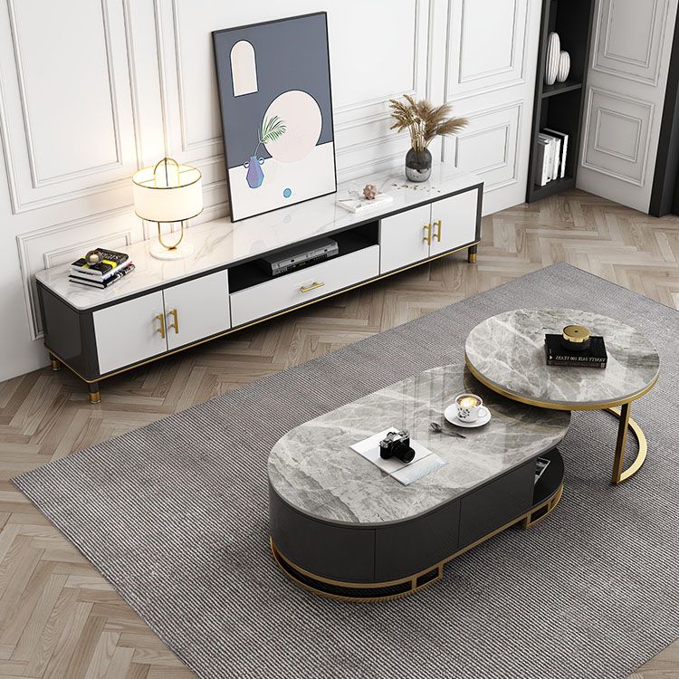 Stone Media Console Glam Faux Wood 1 Drawer TV Console with Doors Clearhalo 'furn' 'furn_tv_stands_entertainment_centers' 'Furniture' 'Living Room Furniture' 'TV Stands & Entertainment Centers' 'TV Stands & Media Storage Furniture' 'tv_stands_entertainment_centers' 1200x1200_de945fe8-a98e-4b6f-97bc-384701965d4a