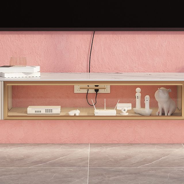 Console televisiva contemporanea con cassetti in pietra e supporto TV in legno