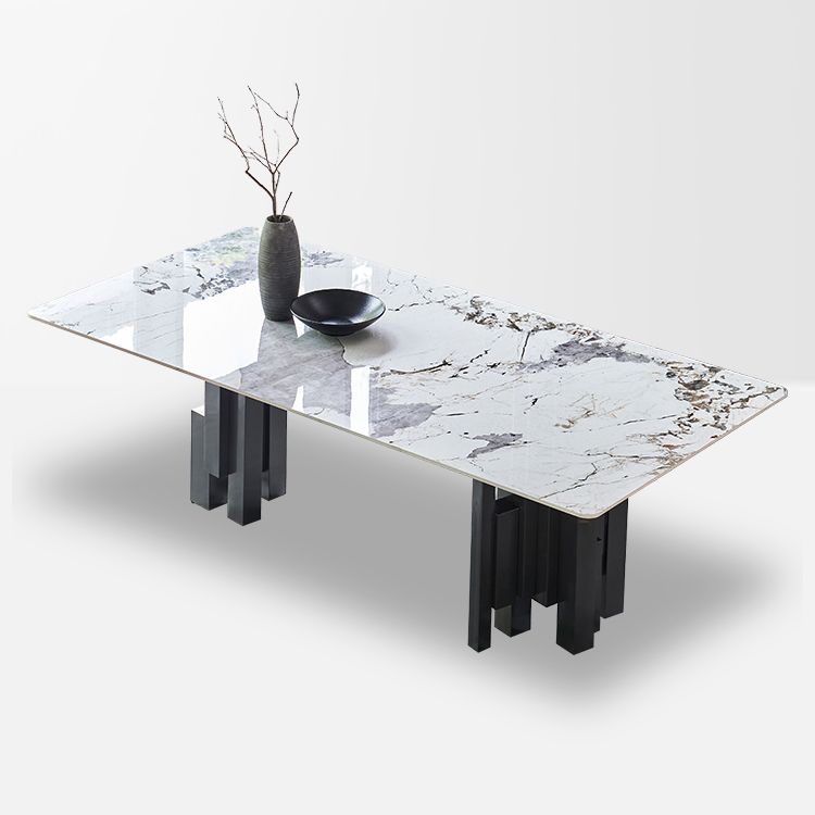 Modern Style Sintered Stone Dining Set with Grey Rectangle Shape Table and Double Pedestal Base Clearhalo 'Dining Room Sets' 'Dining Tables & Seating' 'dining_room_set' 'furn' 'furn_dining_room_set' 'Furniture' 'furniture_dining_room_set' 'Kitchen & Dining Furniture' 'kitchen&dining_furn' 'kitchen' 1200x1200_deb43879-02cf-425b-ba93-c780f027f665