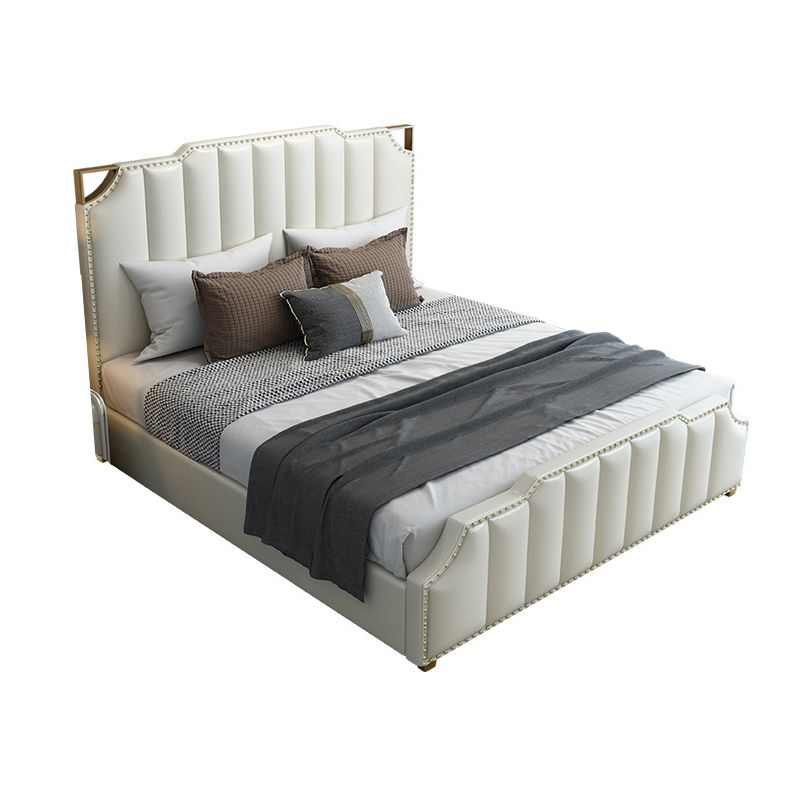 Contemporary Wood and Upholstered Panel Bed with Nailhead Trim
