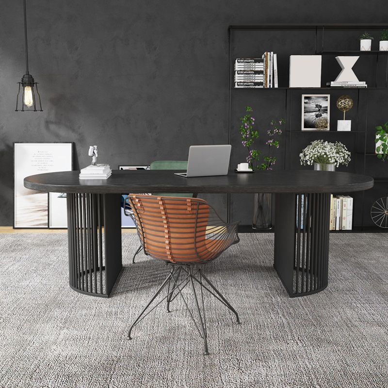 Solid Wood Oval Writing Desk 29.53-inch Tall Black Office Desk with Iron Legs Clearhalo 'furn' 'furn_office_desk' 'Furniture' 'Office Desks' 'Office Furniture' 'office_desk' 1200x1200_dee3643a-c3a0-469e-be93-ce298f04f8d2