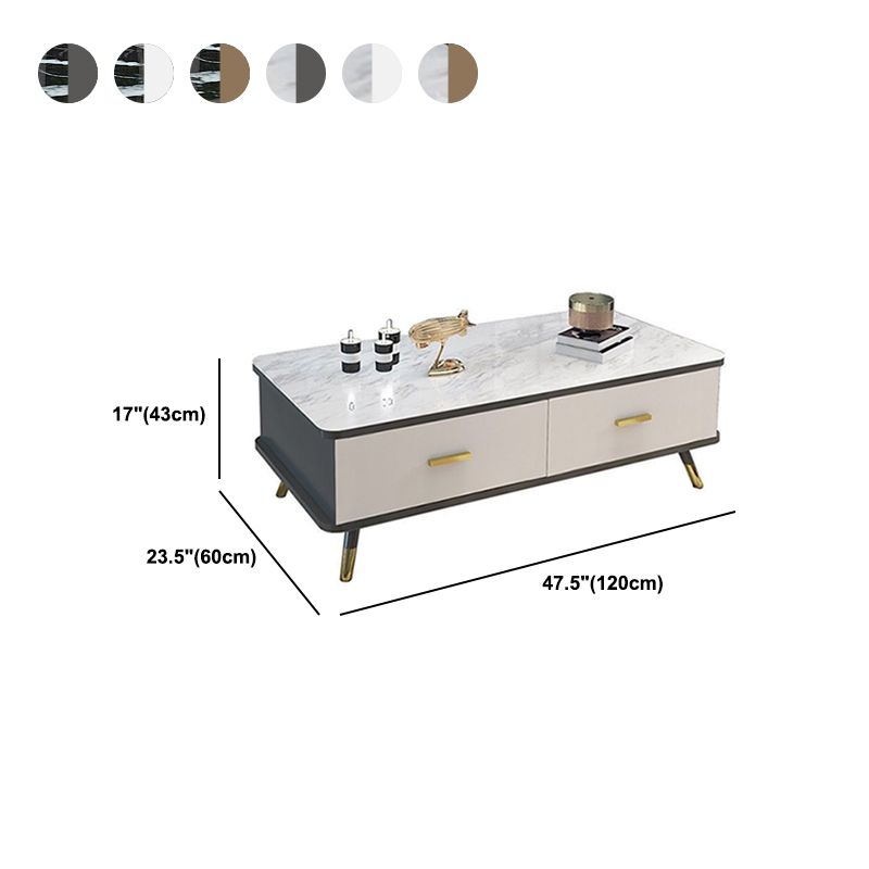 Tavolino da caffè moderno con piano in vetro con 2 cassetti e 4 gambe