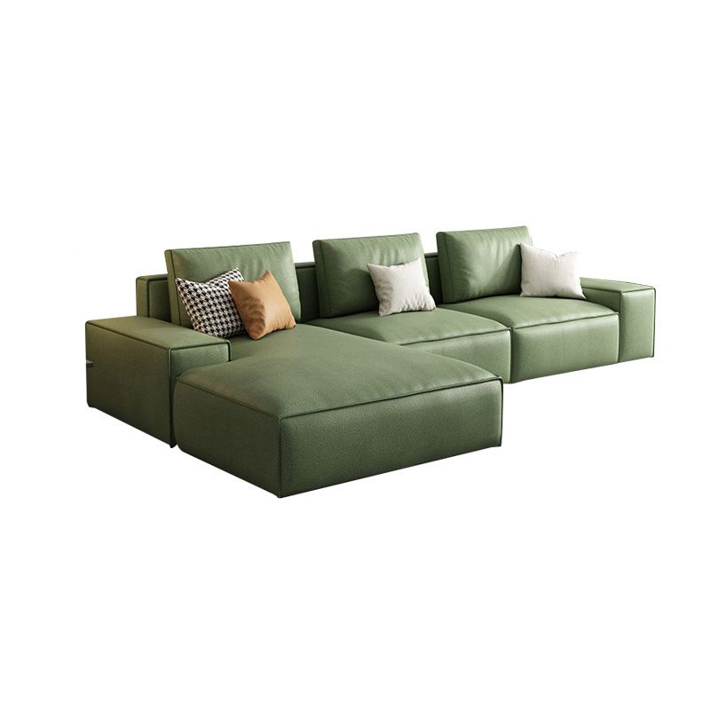 Square Arm 3/4-Seater Sofa & Chaise Green Faux Leather Sectional