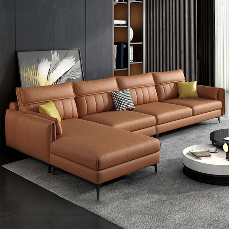Sectional de cuero falso moderno con 4 almohadas para 4 personas