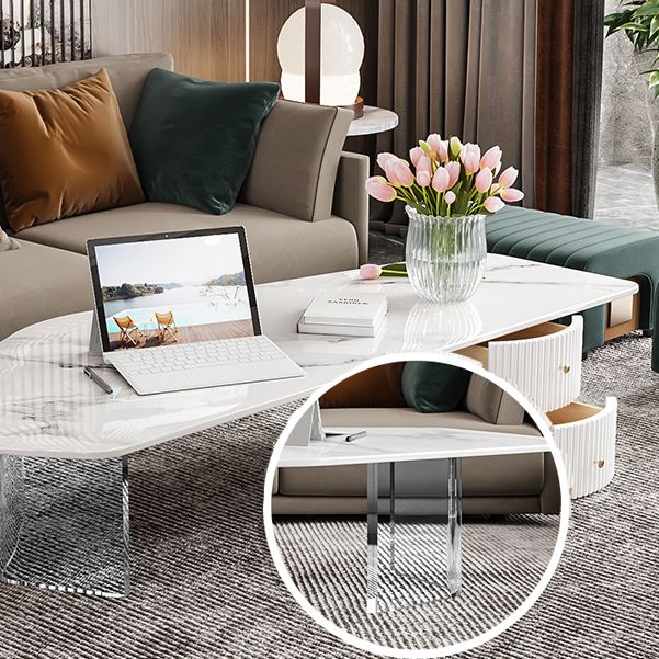Tavolino da cocktail moderno in ardesia a forma libera con 2 cassetti, bianco