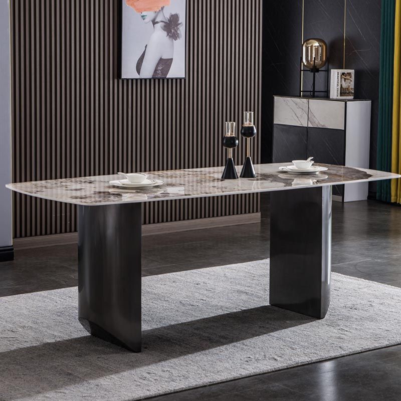 Modern Black Base Dinner Room Kitchen Table Rectangle Stone Dinette Table