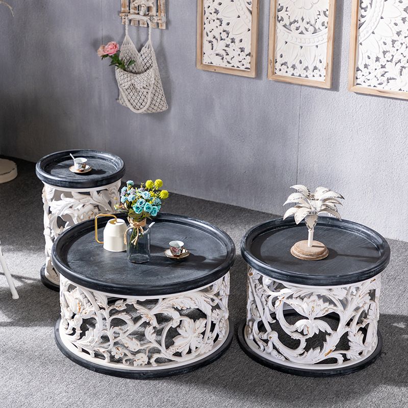 アイアンドラムエンドテーブルラウンドウッドトレイトップサイドエンドテーブル - 苦しめられた表面処理