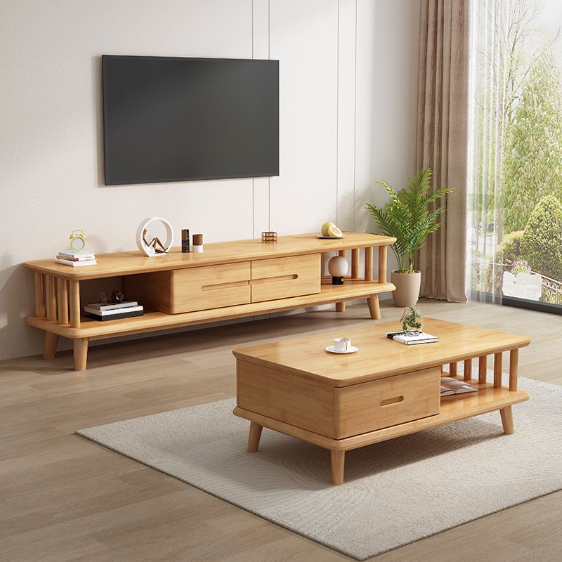 Eigentijdse tv-console van rubberhout, mediaconsole met 2 laden en uitlopende houten poten
