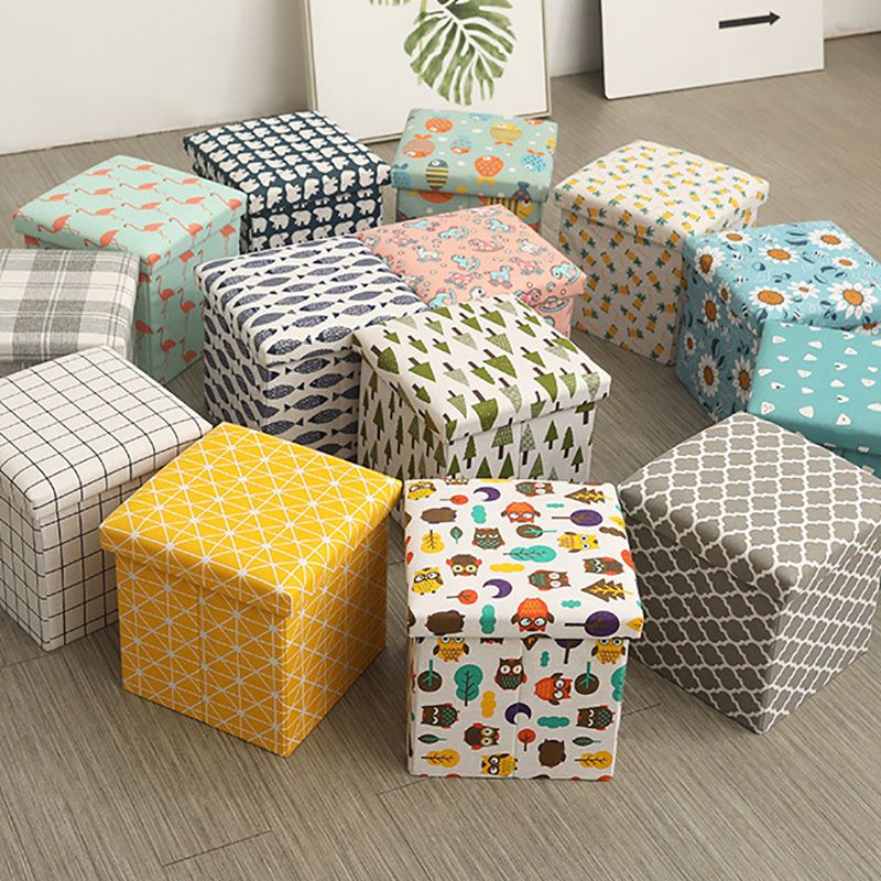 Modern Blue Square Ottoman Trees Pattern Cotton Indoor Ottoman