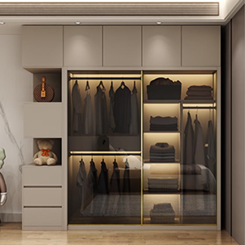 Modern Style Glass Wardrobe Cloth Rod Included Wardrobe Closet with 1-Drawer
