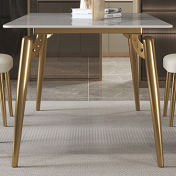 Luxury Sintered Stone Dining Table Rectangle White Table with Metal 4 Legs in Gold